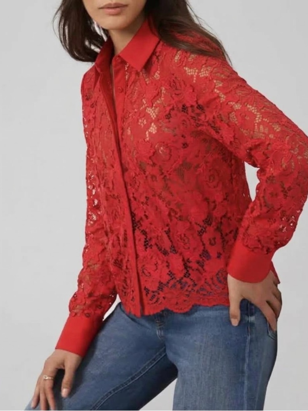 Express Red Lace Button-Down Shirt